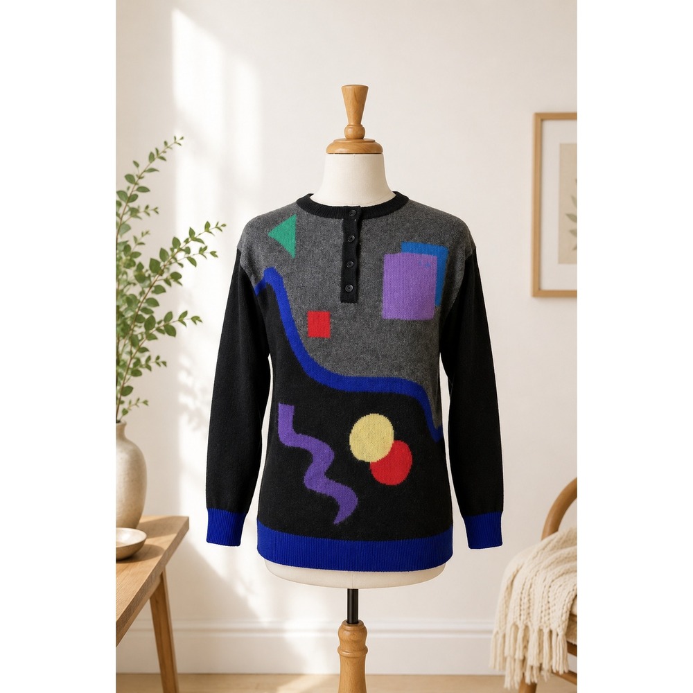 Vintage 90s Abstract Graphic Knit Sweater Angora Wool Blend Art Pattern